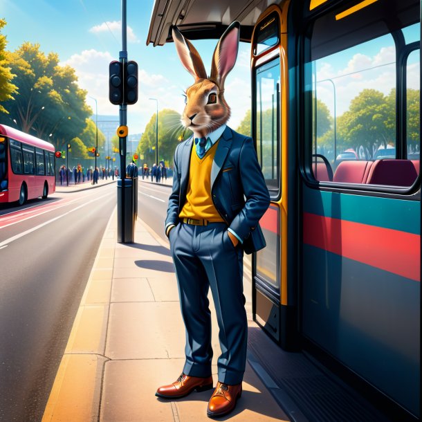 Drawing of a hare in a trousers on the bus stop