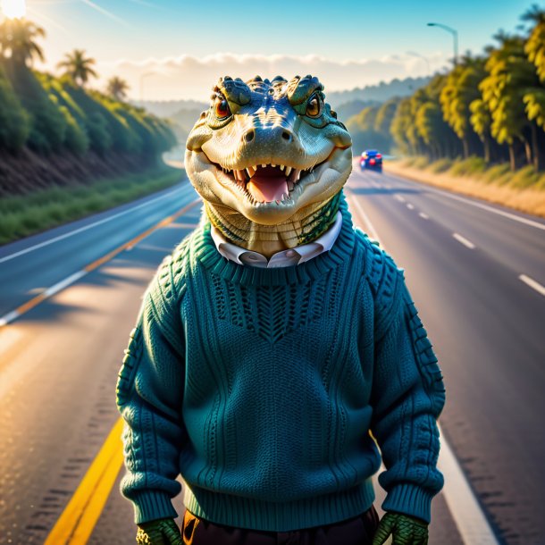 Foto de um crocodilo em um suéter na estrada