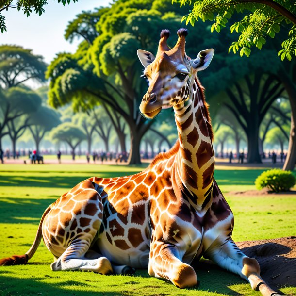 Photo d'un repos d'une girafe dans le parc