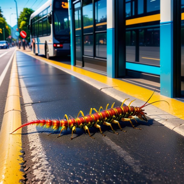 Uma foto de um mergulho de uma centopeia na parada de ônibus