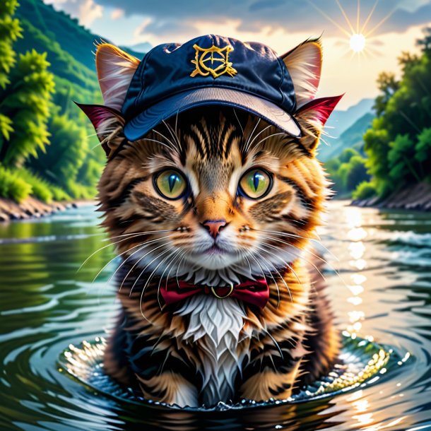 Foto de un gato en un gorro en el río