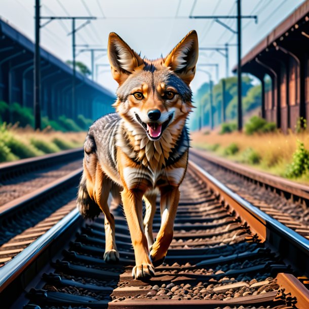 Photo of a dancing of a jackal on the railway tracks