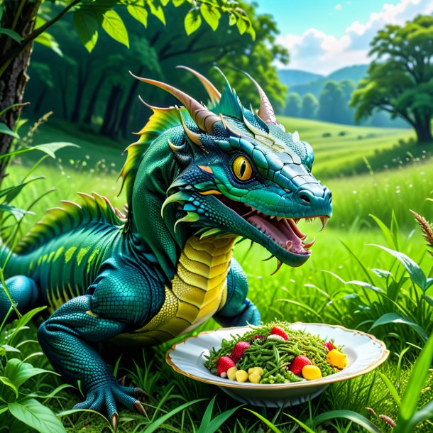 Pic d'un repas d'un basilisk dans la prairie