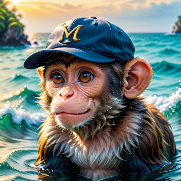 Photo of a monkey in a cap in the sea