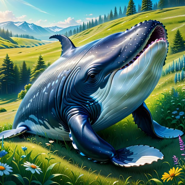 Illustration d'une baleine dans un jean dans la prairie