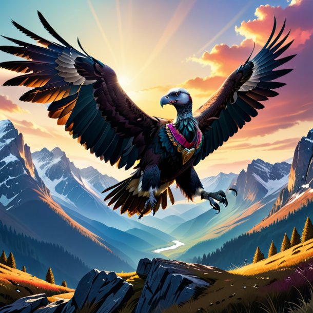 Illustration of a vulture in a belt in the mountains