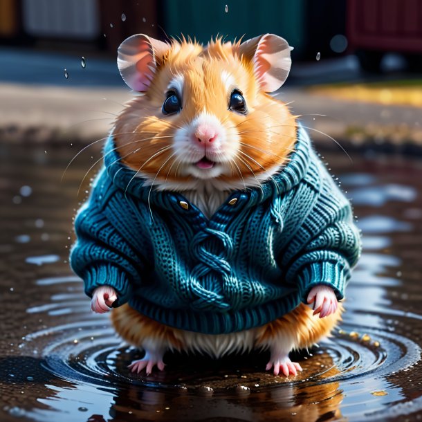 Drawing of a hamster in a sweater in the puddle