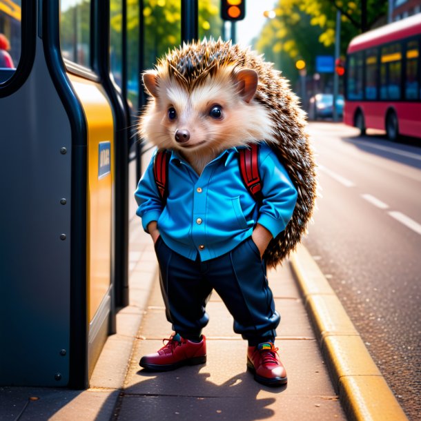 Foto de um ouriço em uma calça no ponto de ônibus