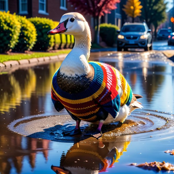 Pic of a goose in a sweater in the puddle