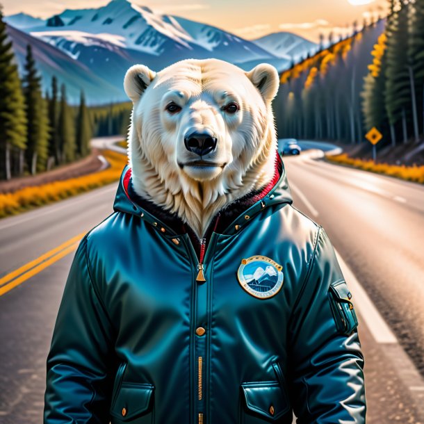 Foto de un oso polar en una chaqueta en el camino