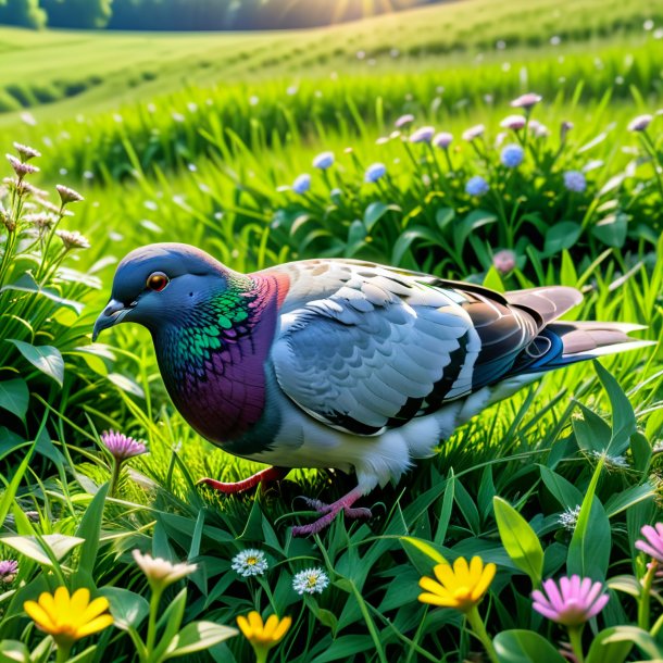 Pic of a sleeping of a pigeon in the meadow