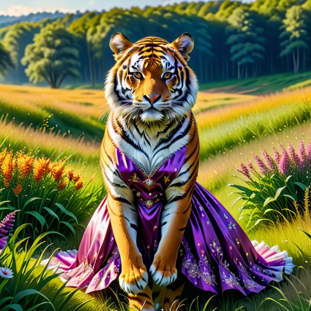 Pic d'un tigre dans une robe dans la prairie