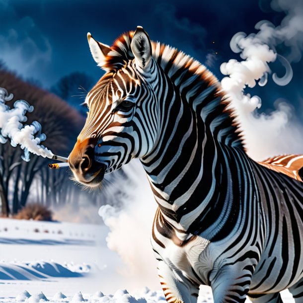 Photo of a smoking of a zebra in the snow