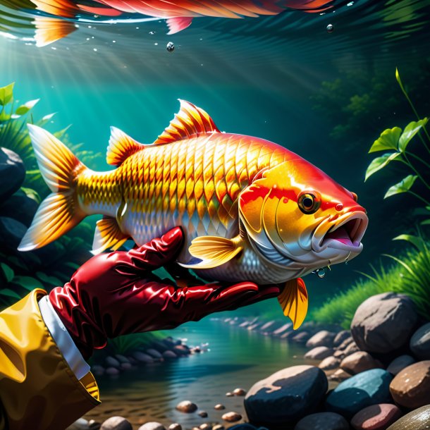 Illustration of a carp in a gloves in the river