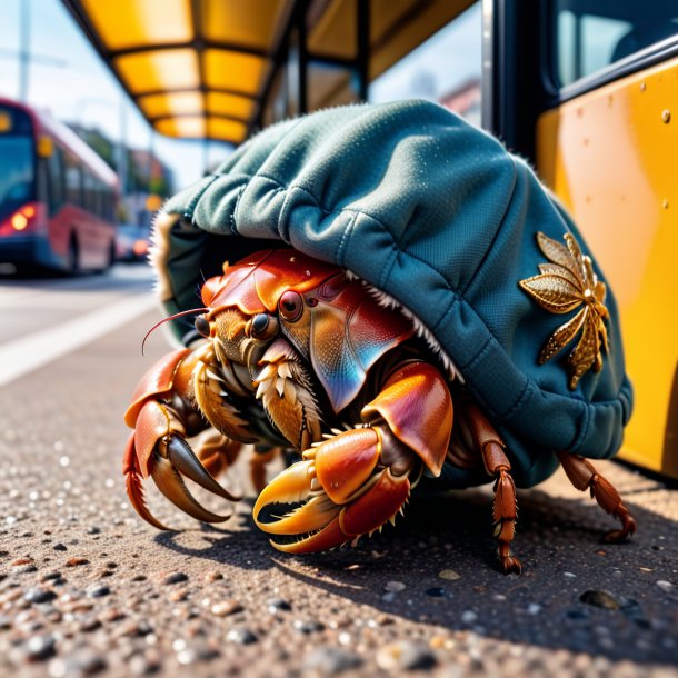 Imagem de um caranguejo eremita em um casaco no ponto de ônibus