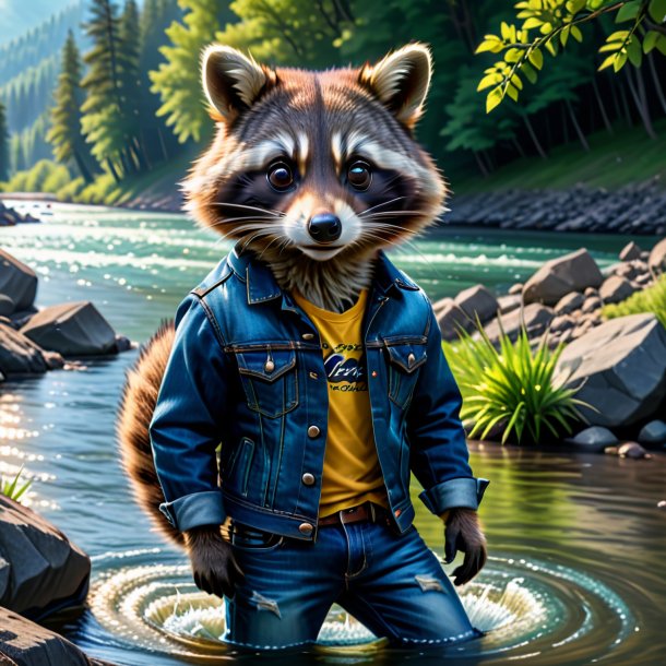 Pic of a raccoon in a jeans in the river