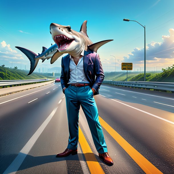 Illustration of a hammerhead shark in a trousers on the highway