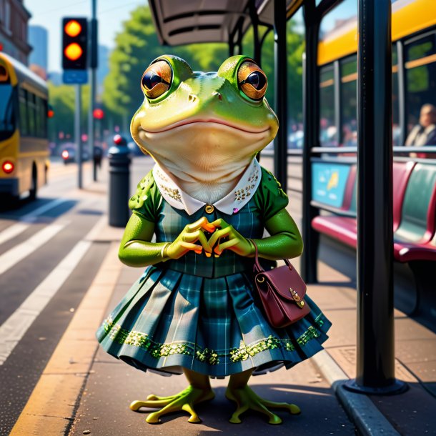 Image of a frog in a skirt on the bus stop