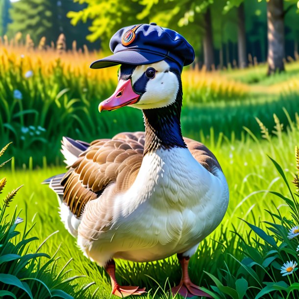 Image of a goose in a cap in the meadow