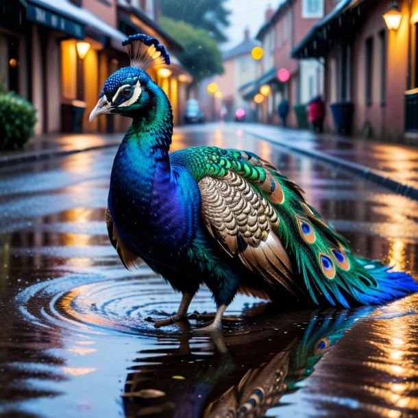 Photo of a peacock in a sweater in the puddle