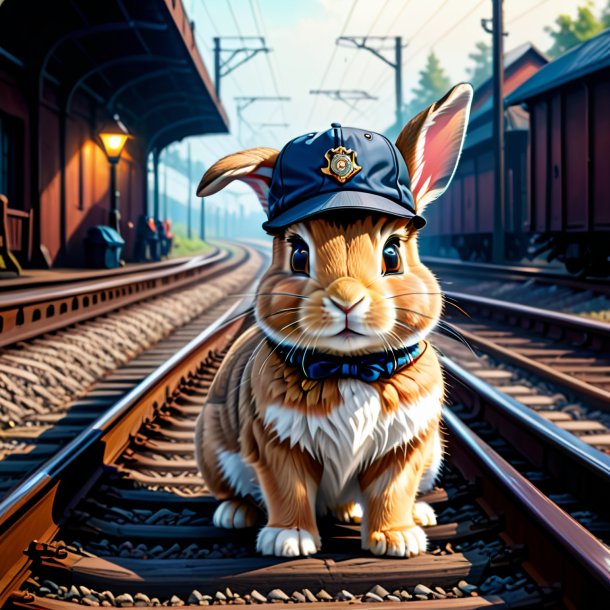 Drawing of a rabbit in a cap on the railway tracks