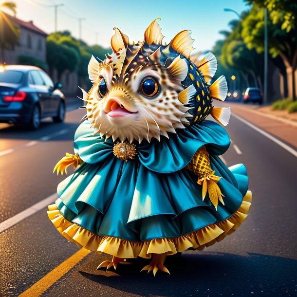 Drawing of a pufferfish in a dress on the road