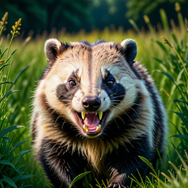 Image d'une colère d'un blaireau dans la prairie