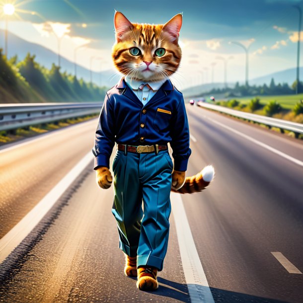 Imagem de um gato em uma calça na estrada