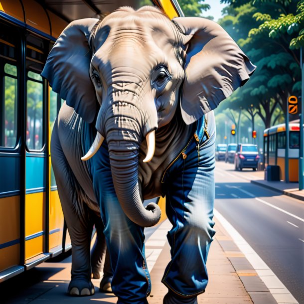 Retrato de um elefante em um jeans na parada de ônibus