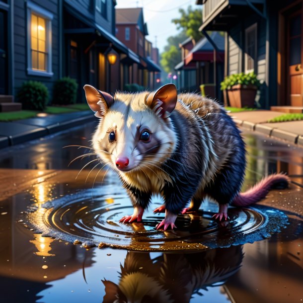 Dessin d'un opossum dans une ceinture dans la flaque