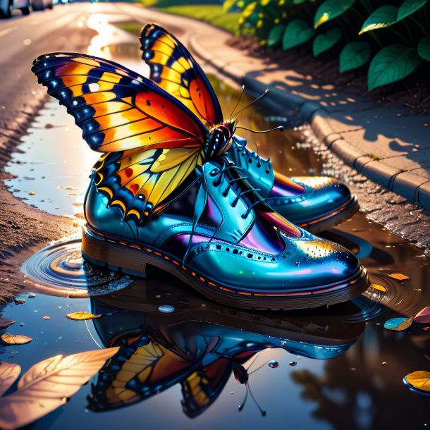 Drawing of a butterfly in a shoes in the puddle