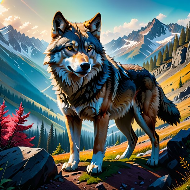 Retrato de um jogo de um lobo nas montanhas