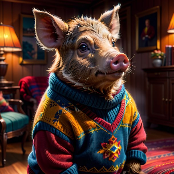 Drawing of a boar in a sweater in the house