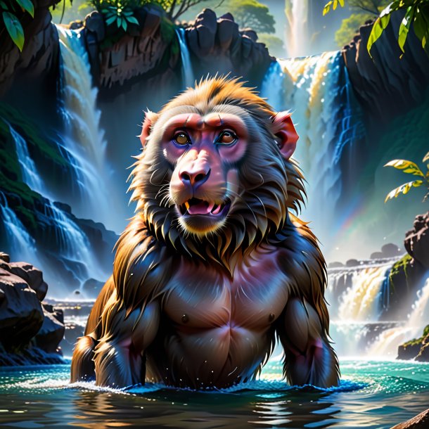 Image of a swimming of a baboon in the waterfall