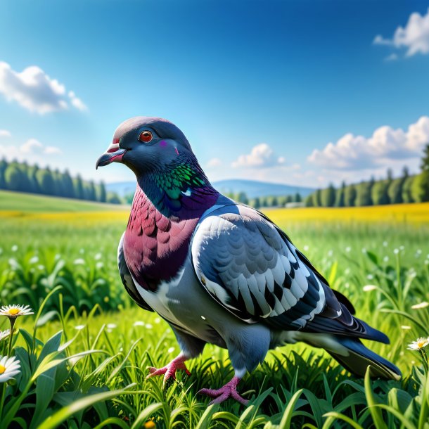 Pic d'un pigeon dans un jean dans la prairie