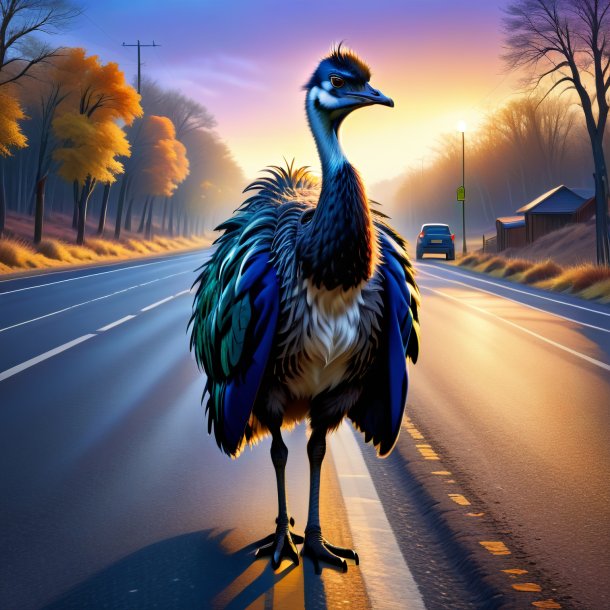 Illustration of a emu in a coat on the road