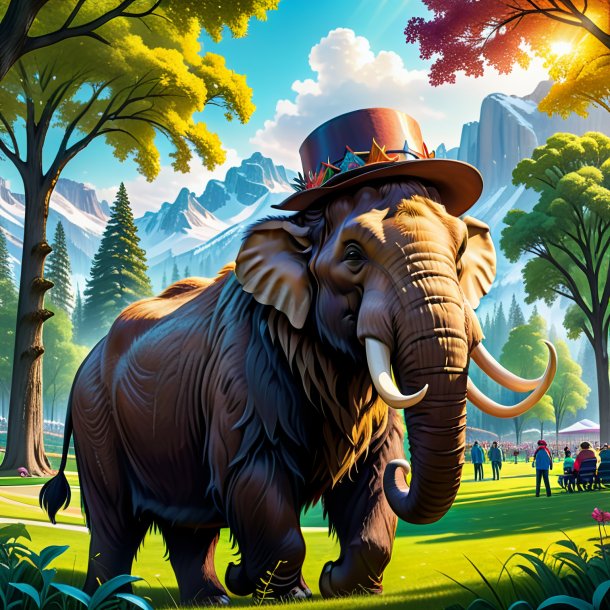 Drawing of a mammoth in a hat in the park