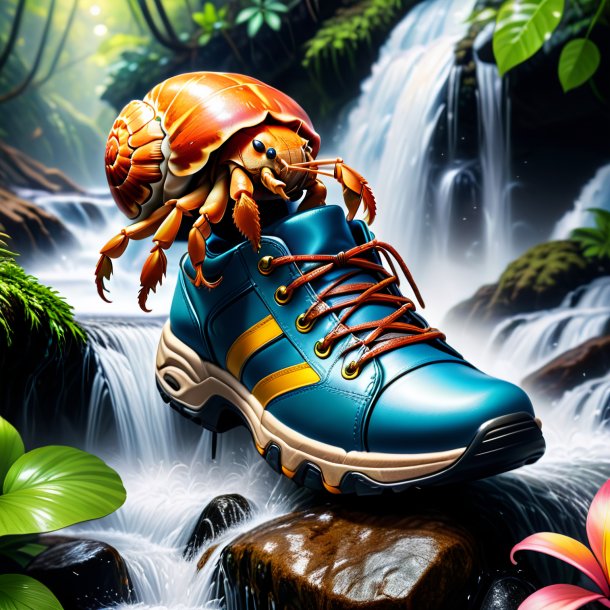 Drawing of a hermit crab in a shoes in the waterfall