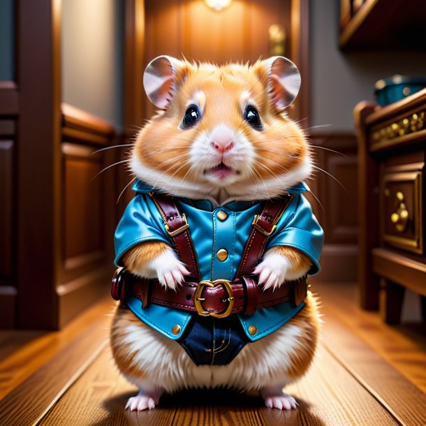 Picture of a hamster in a belt in the house