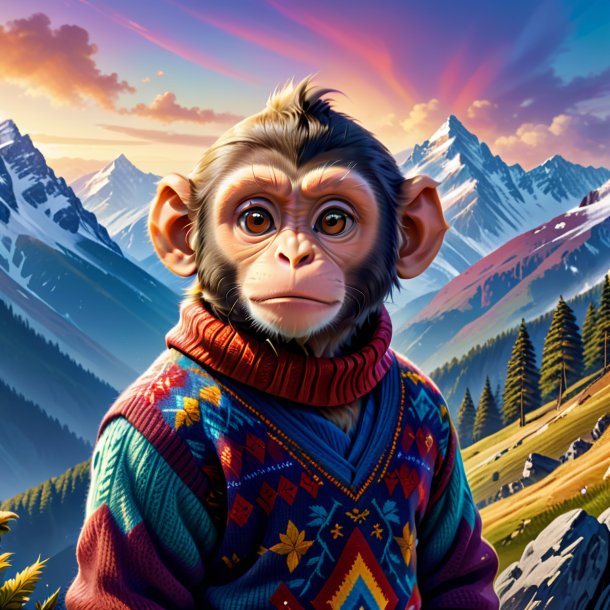 Illustration of a monkey in a sweater in the mountains