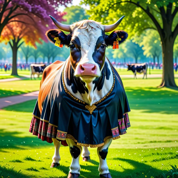 Foto de uma vaca em uma saia no parque