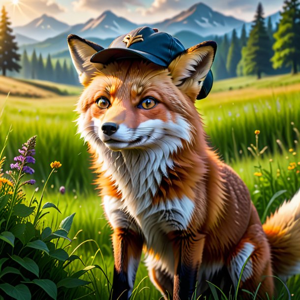 Picture of a fox in a cap in the meadow