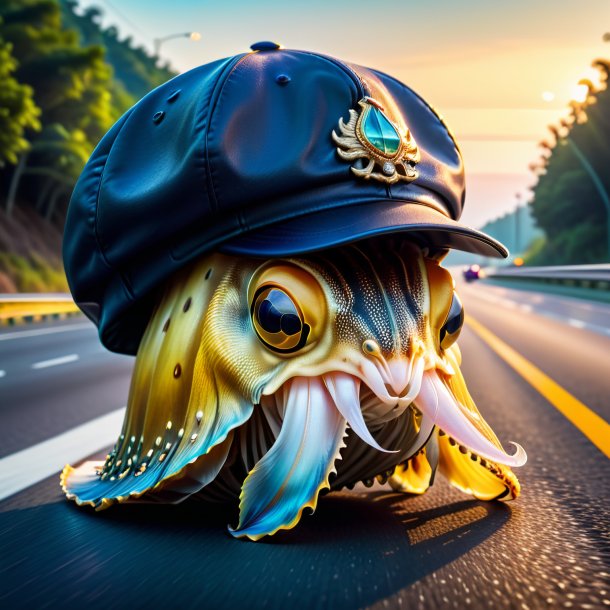 Image of a cuttlefish in a cap on the highway