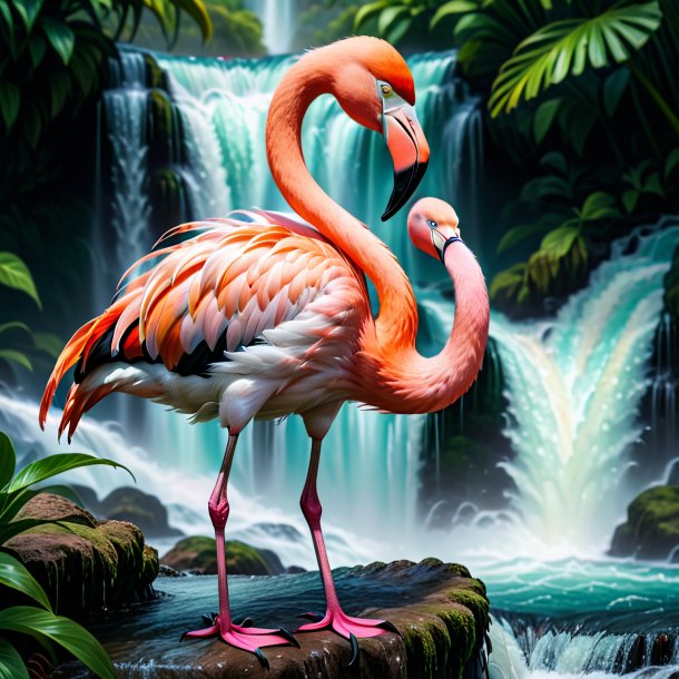 Image of a angry of a flamingo in the waterfall