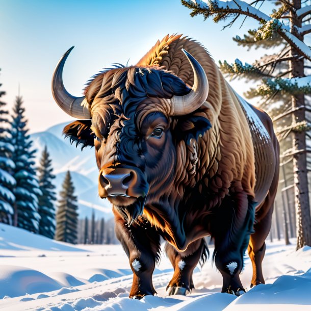 Pic of a buffalo in a belt in the snow