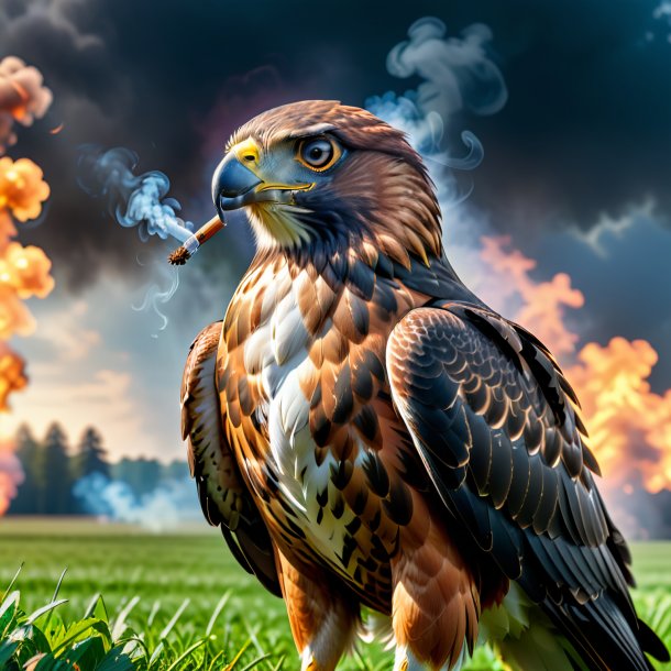 Picture of a smoking of a hawk on the field