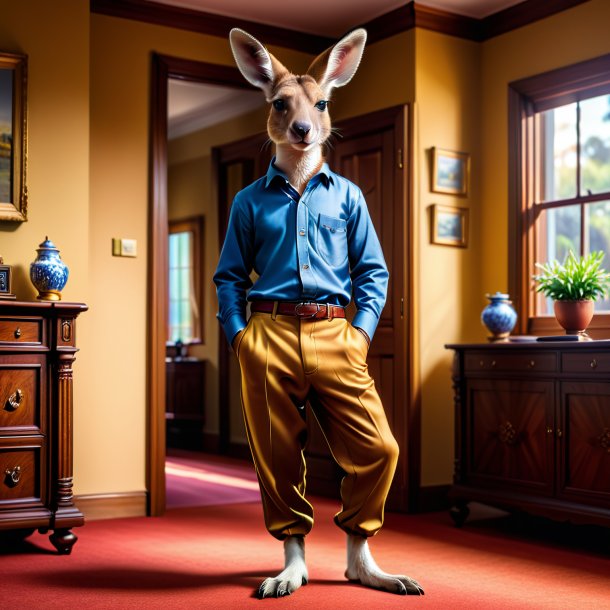 Photo of a kangaroo in a trousers in the house