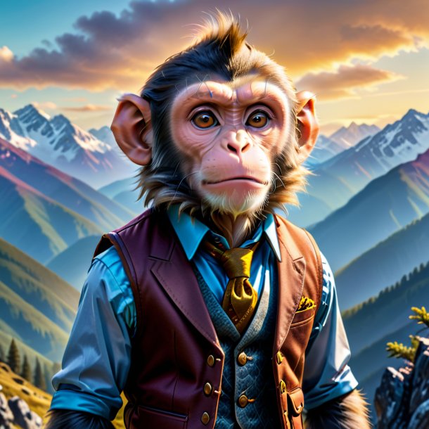 Image of a monkey in a vest in the mountains