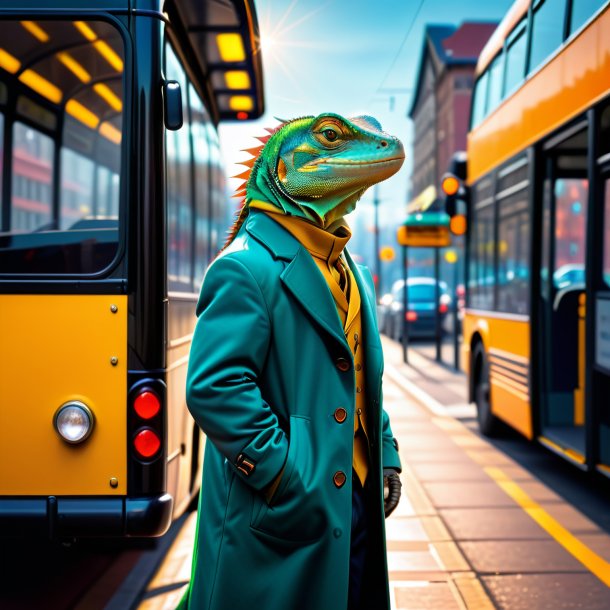 Image of a lizard in a coat on the bus stop