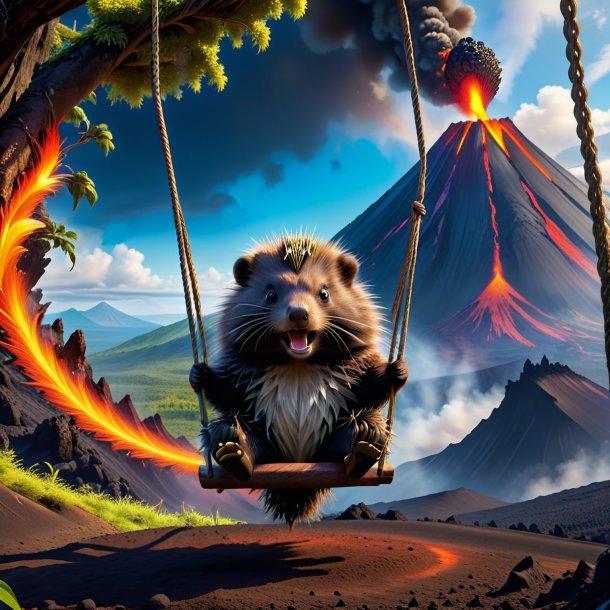 Picture of a swinging on a swing of a porcupine in the volcano